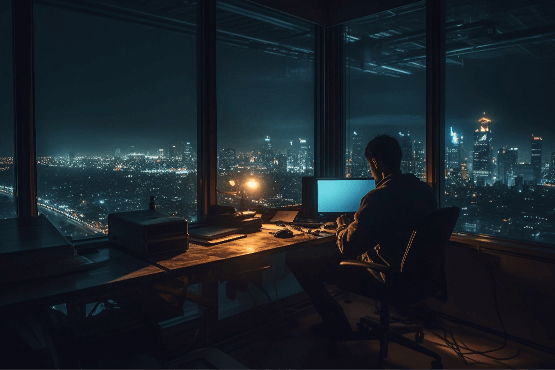 businessman-woman-planning-success-illuminated-skyscraper-generated-by-ai